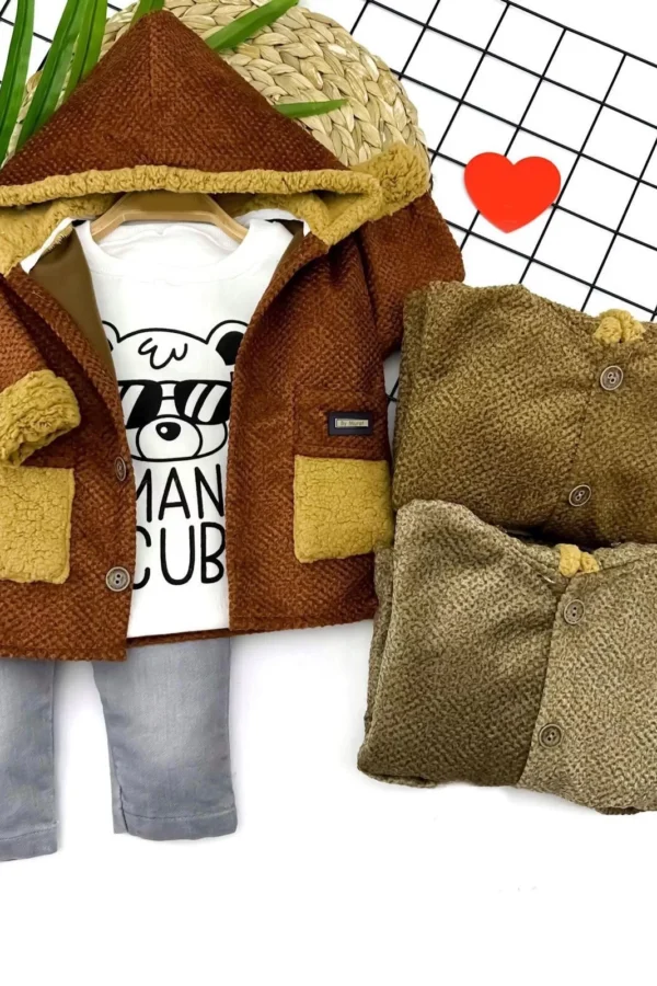 9-12-18-24 Ay Düğme Kapamalı Kapşonlu Triko Ceket Sweatli Kot Pantolon 3lü Erkek Bebek Takımı