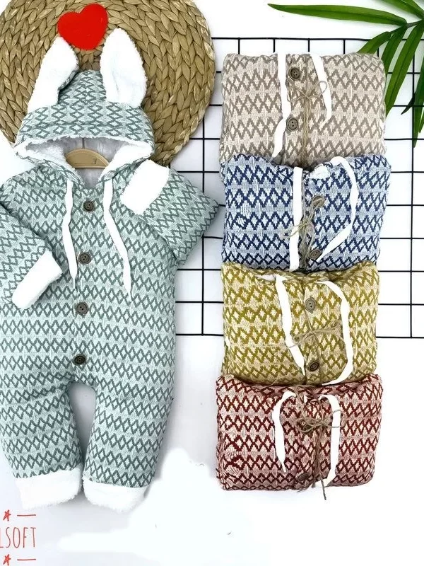 9-12-18-24 Ay Düğme Kapamalı Kulaklı Kapşonlu İp Bağlamalı Kız Erkek Bebek Tulumu Mavi