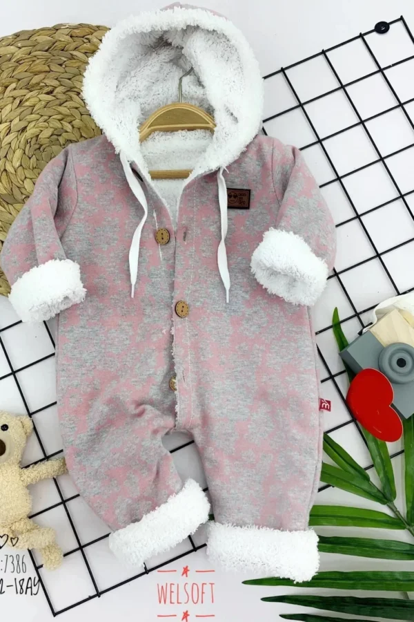 9-12-18-24 Ay Düğme Kapamalı Kulaklı Kapşonlu Kendinden Desenli Triko Kumaş Kız Erkek Bebek Tulumu Gri