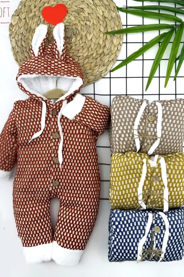 9-12-18-24 Ay Düğme Kapamalı Kulaklı Kapşonlu Örme Kumaş Kız Erkek Bebek Tulumu Lacivert