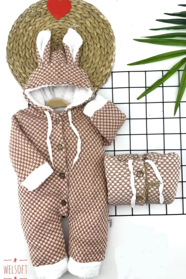 9-12-18-24 Ay Düğme Kapamalı Kulaklı Kapşonlu Piti Kare Desenli Triko Kumaş Kız Erkek Bebek Tulumu Kahverengi