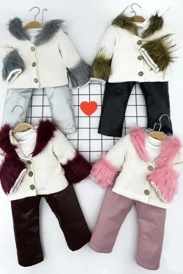 9-12-18-24 Ay Düğme Kapamalı Tüylü Fırfır Ceketli Sweatli 3lü Kız Bebek Takımı