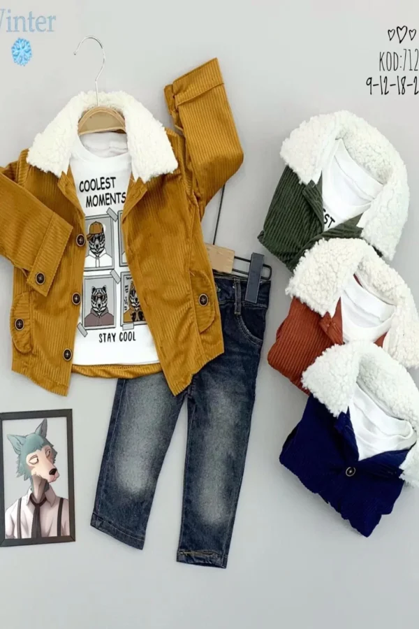 9-12-18-24 Ay Düğme Kapamalı Yakalı Ceket Uzun Kollu Sweatli Kot Pantolonlu 3lü Erkek Bebek Takımı