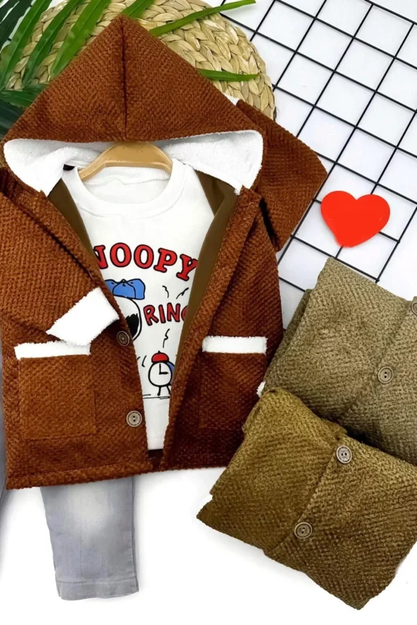 9-12-18-24 Ay Düğmeli İçi Welsoft Kapşon Triko Ceket Sweatli Kot Pantolon 3lü Erkek Bebek Takımı