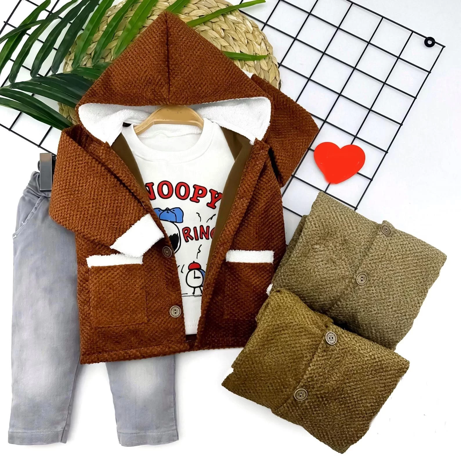 9-12-18-24 Ay Düğmeli İçi Welsoft Kapşon Triko Ceket Sweatli Kot Pantolon 3lü Erkek Bebek Takımı