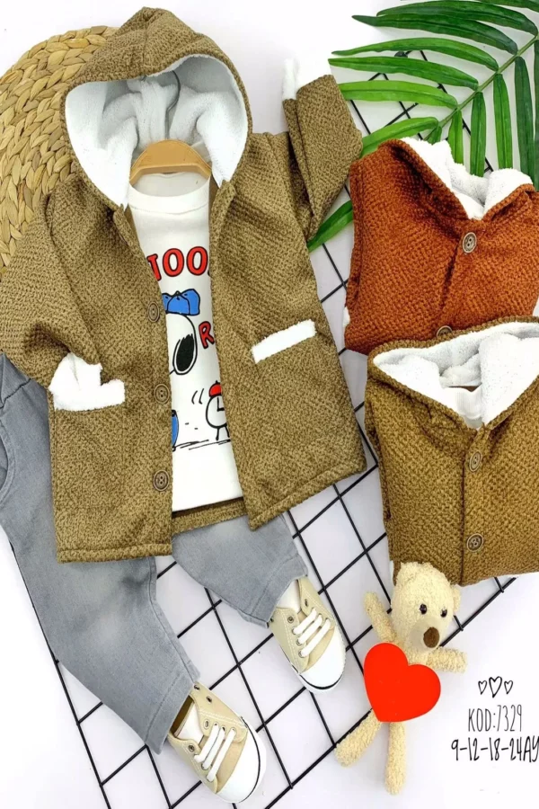 9-12-18-24 Ay Düğmeli İçi Welsoft Kapşon Triko Ceket Sweatli Kot Pantolon 3lü Erkek Bebek Takımı