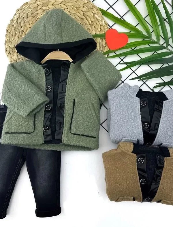 9-12-18-24 Ay Fermuar Kapamalı Kapşonlu Kırçıl Ceket Kot Pantolonlu 2li Erkek Bebek Takımı