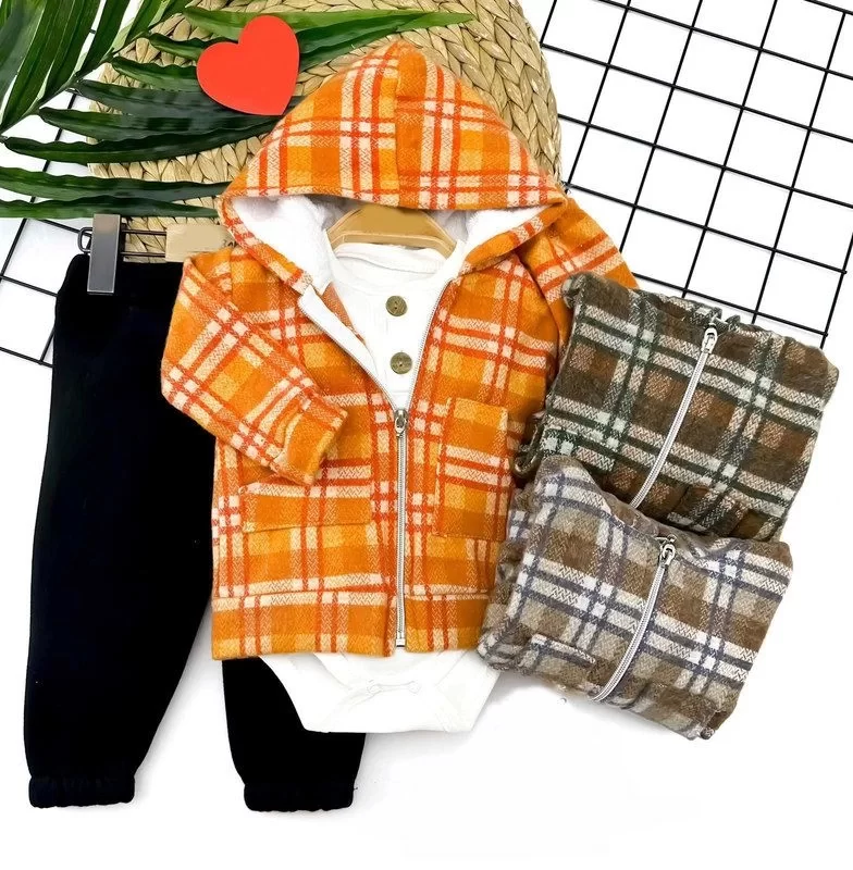 9-12-18-24 Ay Fermuar Kapamalı Kapşonlu Triko Ceket Zıbınlı Sweat 3lü Erkek Bebek Takımı