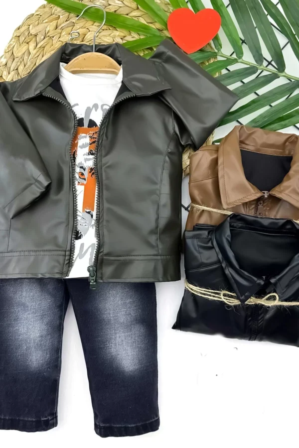 9-12-18-24 Ay Fermuarlı Deri Ceket Uzun Kollu Sweat Kot Pantolonlu 3lü Erkek Bebek Takımı
