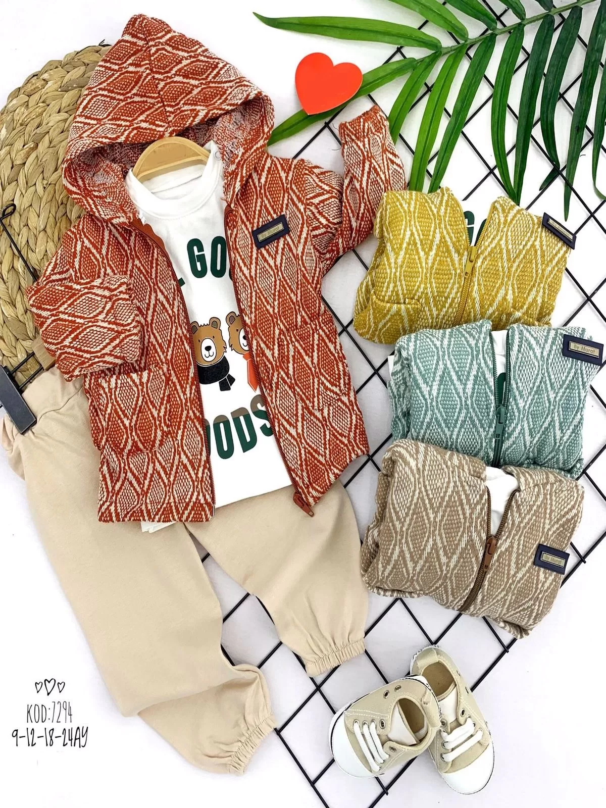 9-12-18-24 Ay Fermuarlı Kapşon Triko Ceket Sweatli 3lü Kız Erkek Bebek Takımı