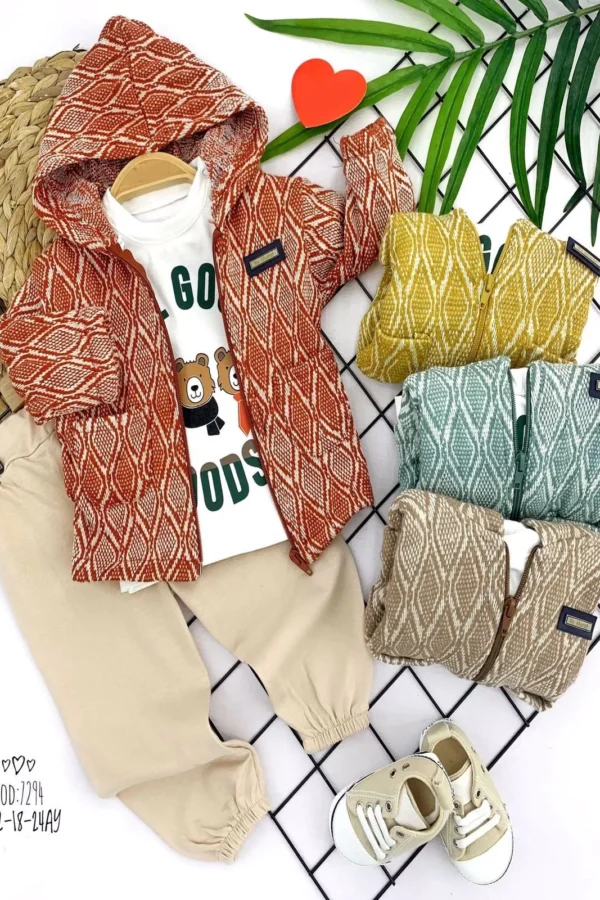 9-12-18-24 Ay Fermuarlı Kapşon Triko Ceket Sweatli 3lü Kız Erkek Bebek Takımı