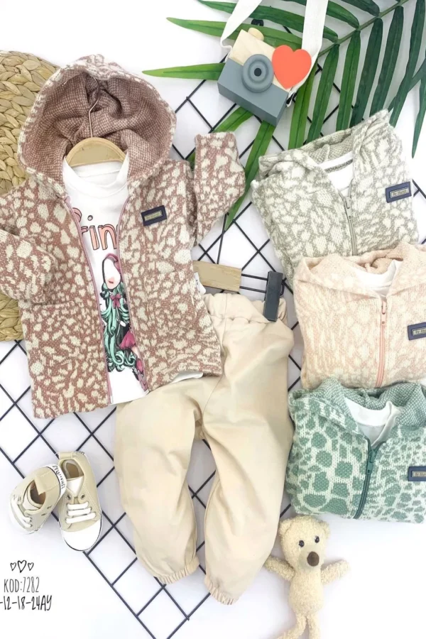 9-12-18-24 Ay Fermuarlı Kapşonlu Triko Ceket Uzun Kollu Sweatli 3lü Kız Erkek Bebek Takımı
