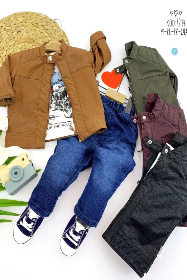 9-12-18-24 Ay Fermuarlı Suni Deri Ceket Kot Pantolonlu 3lü Erkek Bebek Takımı