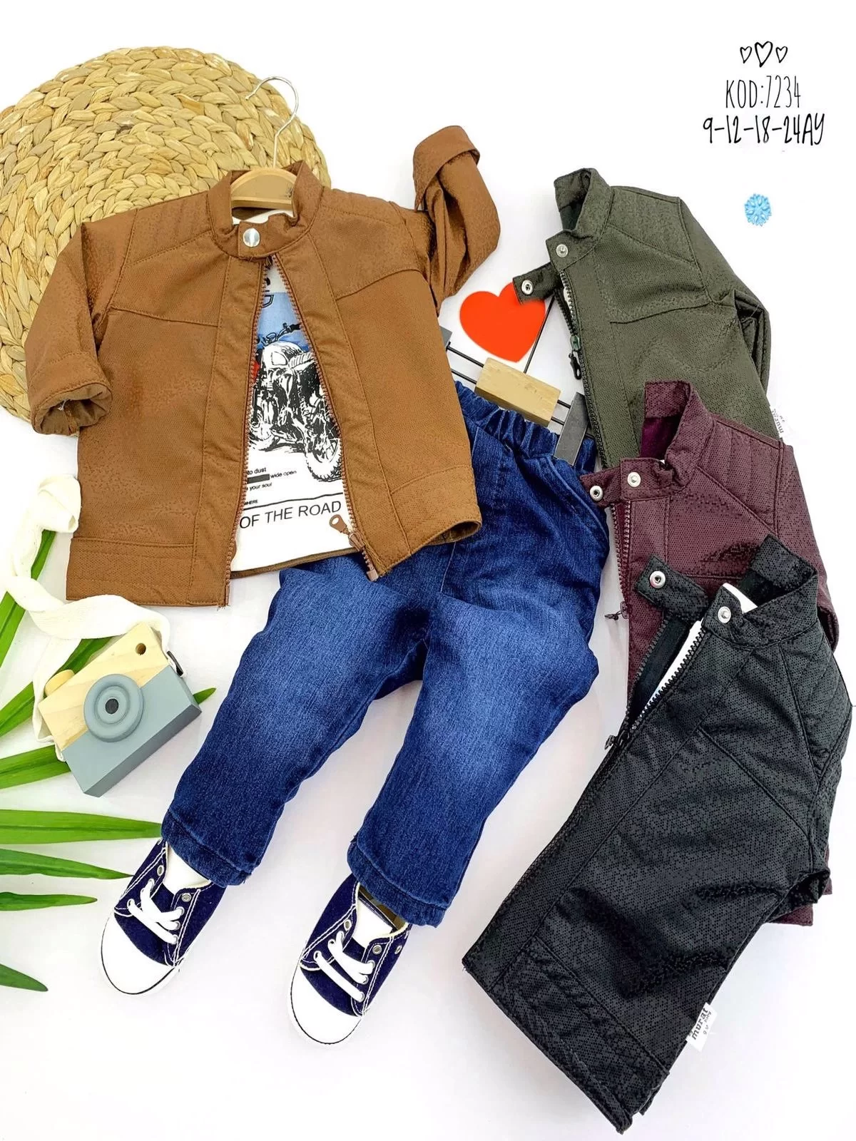 9-12-18-24 Ay Fermuarlı Suni Deri Ceket Kot Pantolonlu 3lü Erkek Bebek Takımı