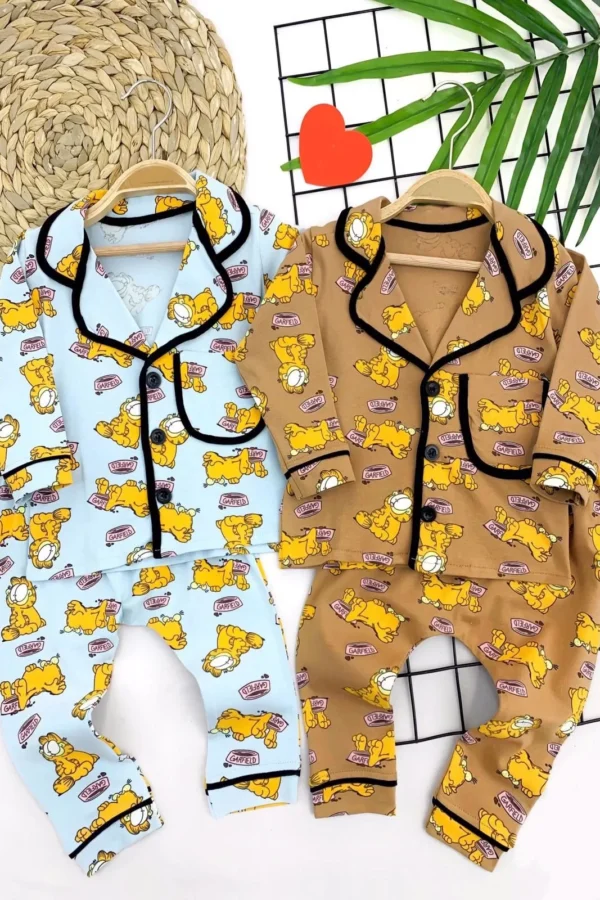 9-12-18-24 Ay Garfield Baskılı Düğme Kapamalı 2li Kız Erkek Bebek Pijama Takımı Mavi