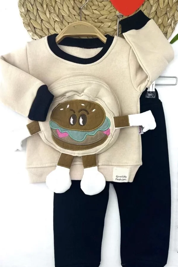 9-12-18-24 Ay Hamburger Figürlü Kendinden Çantalı 3 İp Kumaş 2li Kız Erkek Bebek Takımı