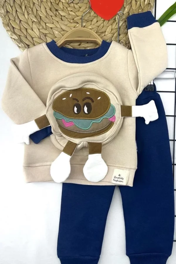 9-12-18-24 Ay Hamburger Figürlü Kendinden Çantalı 3 İp Kumaş 2li Kız Erkek Bebek Takımı Lacivert