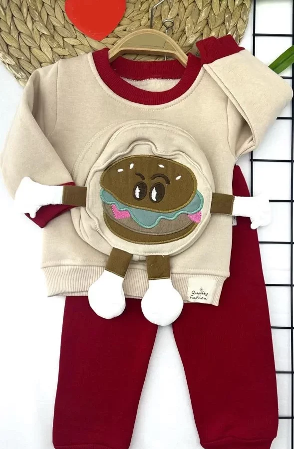 9-12-18-24 Ay Hamburger Figürlü Kendinden Çantalı 3 İp Kumaş 2li Kız Erkek Bebek Takımı
