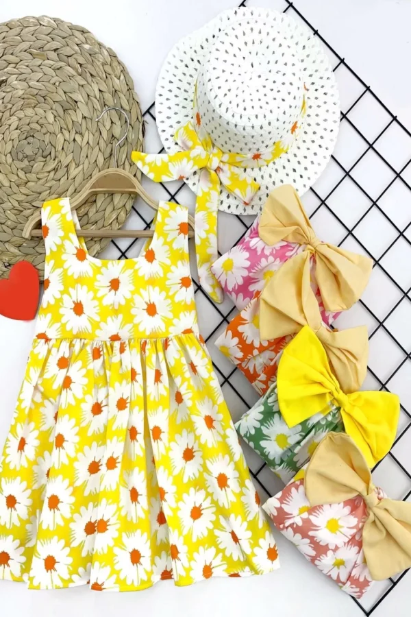 9-12-18-24 Ay Hasır Şapkalı Çiçek Desenli Askılı 2li Kız Bebek Elbisesi Gül Kurusu