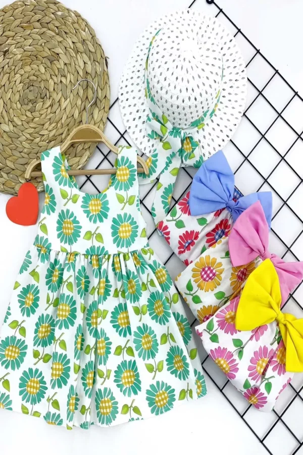 9-12-18-24 Ay Hasır Şapkalı Ekose Papatya Desenli Askılı 2li Kız Bebek Elbisesi Pembe