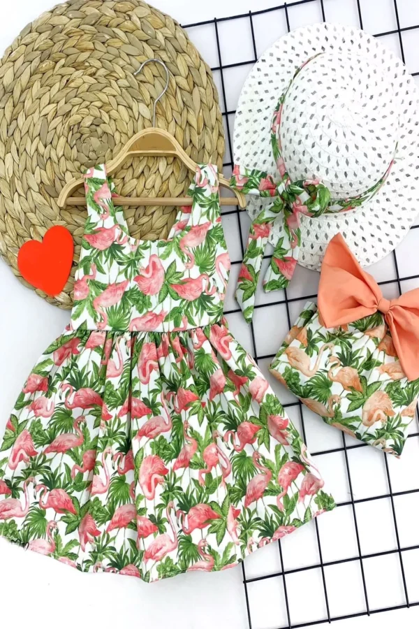 9-12-18-24 Ay Hasır Şapkalı Flamingo Desenli Askılı 2li Kız Bebek Elbisesi Turuncu