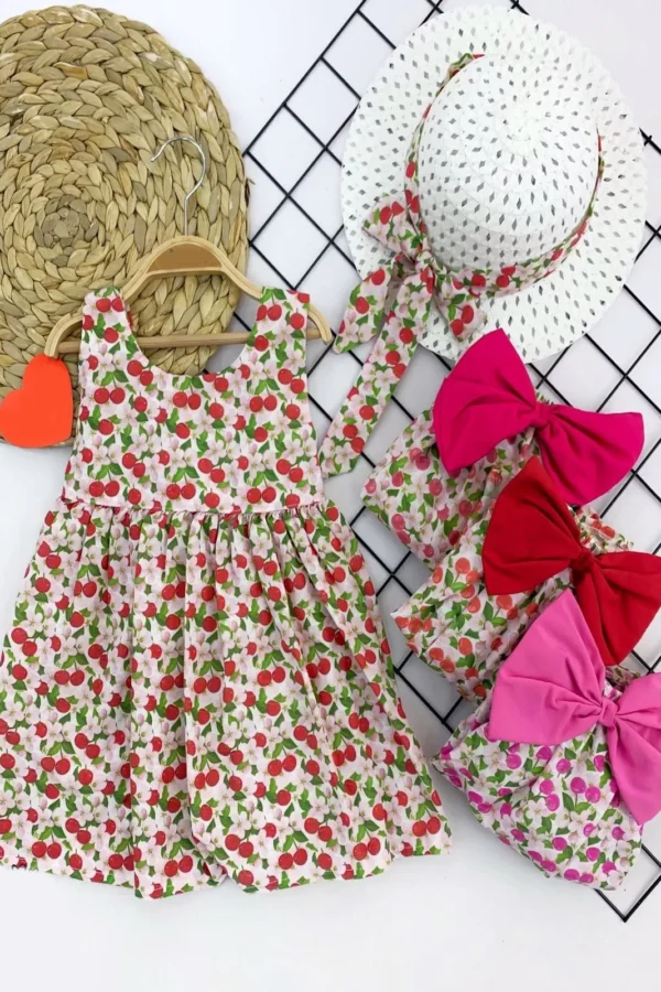 9-12-18-24 Ay Hasır Şapkalı Kiraz Desenli Askılı 2li Kız Bebek Elbisesi
