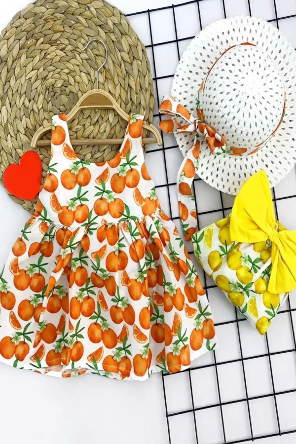 9-12-18-24 Ay Hasır Şapkalı Meyve Desenli Askılı 2li Kız Bebek Elbisesi