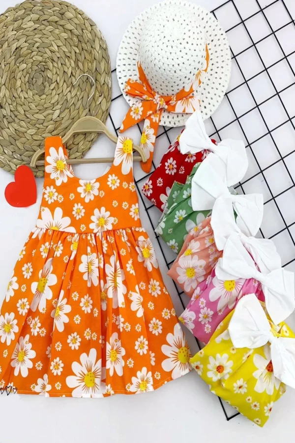 9-12-18-24 Ay Hasır Şapkalı Papatya Desenli Askılı 2li Kız Bebek Elbisesi Bordo