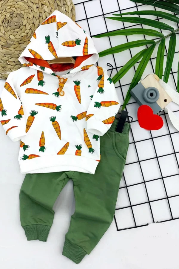 9-12-18-24 Ay Havuç Desenli Kapşonlu Uzun Kollu Sweat 2li Kız Erkek Bebek Takımı