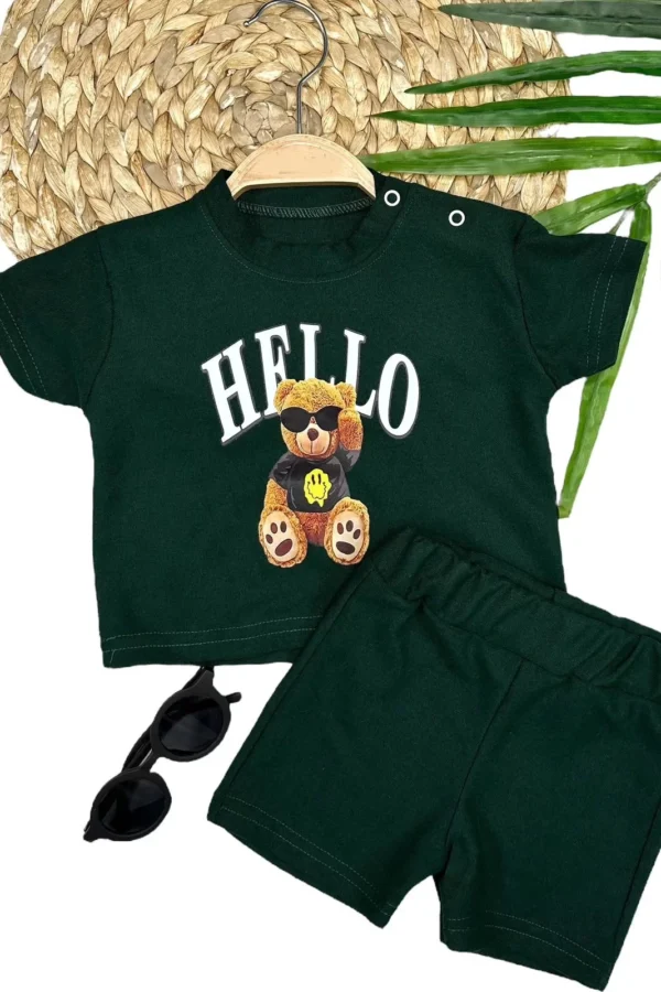 9-12-18-24 Ay Hello Gözlüklü Ayıcık Baskılı Şortlu Kısa Kollu Tişört 2li Erkek Bebek Takımı