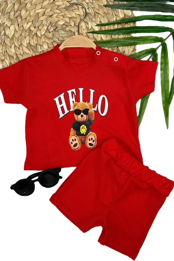 9-12-18-24 Ay Hello Gözlüklü Ayıcık Baskılı Şortlu Kısa Kollu Tişört 2li Erkek Bebek Takımı