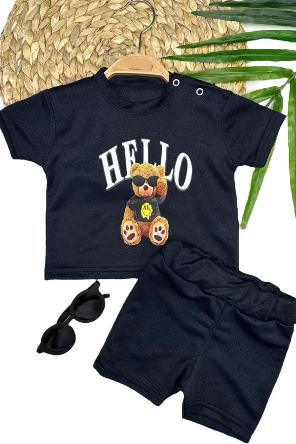 9-12-18-24 Ay Hello Gözlüklü Ayıcık Baskılı Şortlu Kısa Kollu Tişört 2li Erkek Bebek Takımı