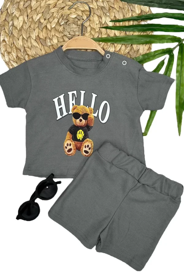 9-12-18-24 Ay Hello Gözlüklü Ayıcık Baskılı Şortlu Kısa Kollu Tişört 2li Erkek Bebek Takımı