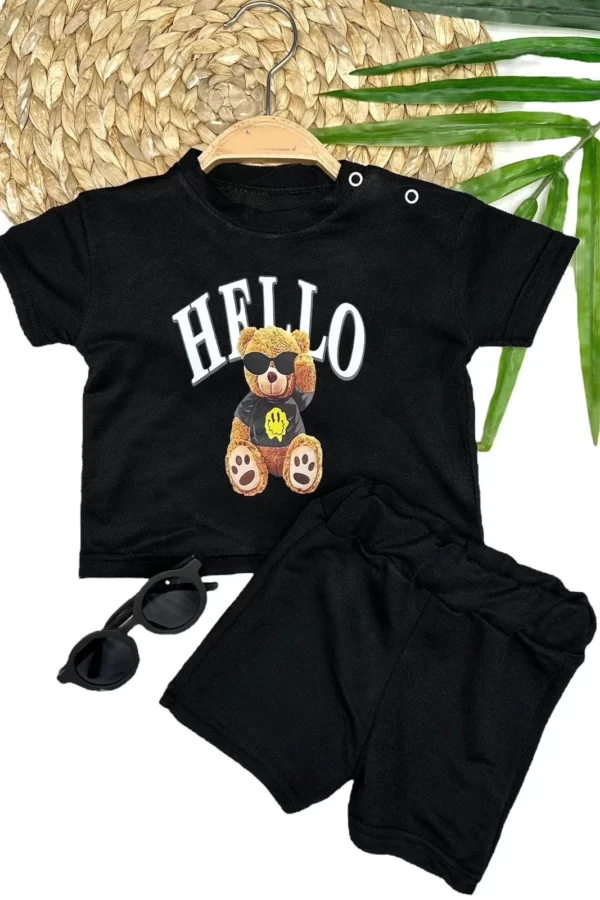 9-12-18-24 Ay Hello Gözlüklü Ayıcık Baskılı Şortlu Kısa Kollu Tişört 2li Erkek Bebek Takımı