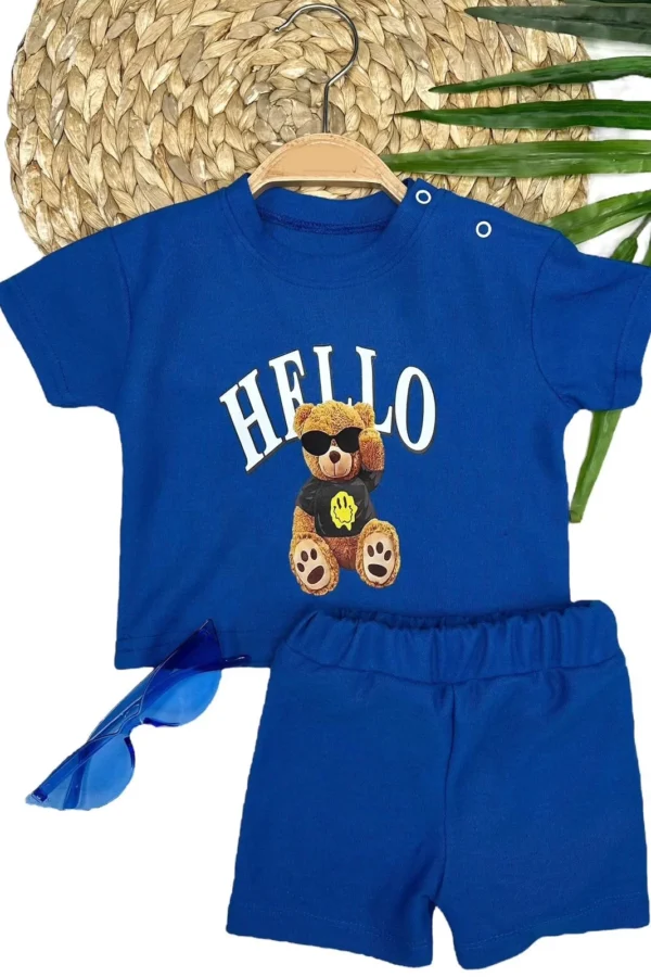 9-12-18-24 Ay Hello Gözlüklü Ayıcık Baskılı Şortlu Kısa Kollu Tişört 2li Erkek Bebek Takımı
