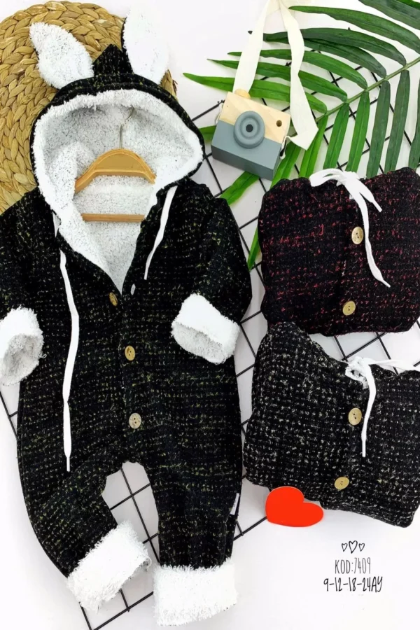 9-12-18-24 Ay İçi Kuzulu Düğme Kapamalı Kulaklı Kapşonlu Uzun Kollu Kız Erkek Bebek Tulumu Siyah