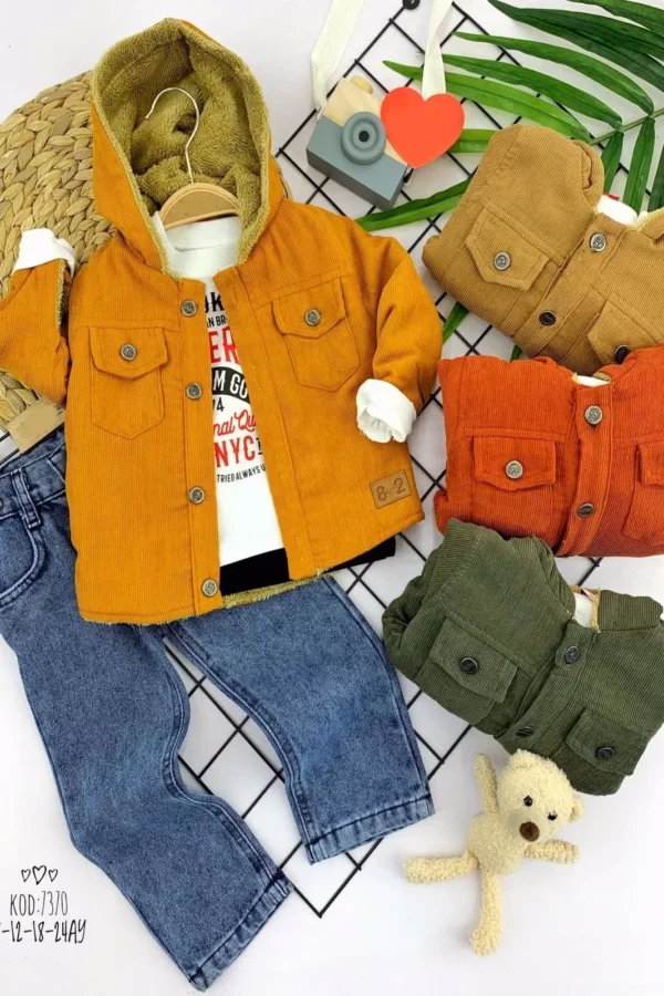 9-12-18-24 Ay İçi Kuzulu Kapşonlu İnce Fitil Kadife Ceketli Kot Pantolonlu 3lü Erkek Bebek Takımı