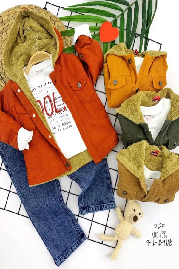 9-12-18-24 Ay İçi Kuzulu Kapşonlu İnce Fitil Kadife Ceketli Kot Pantolonlu 3lü Erkek Bebek Takımı