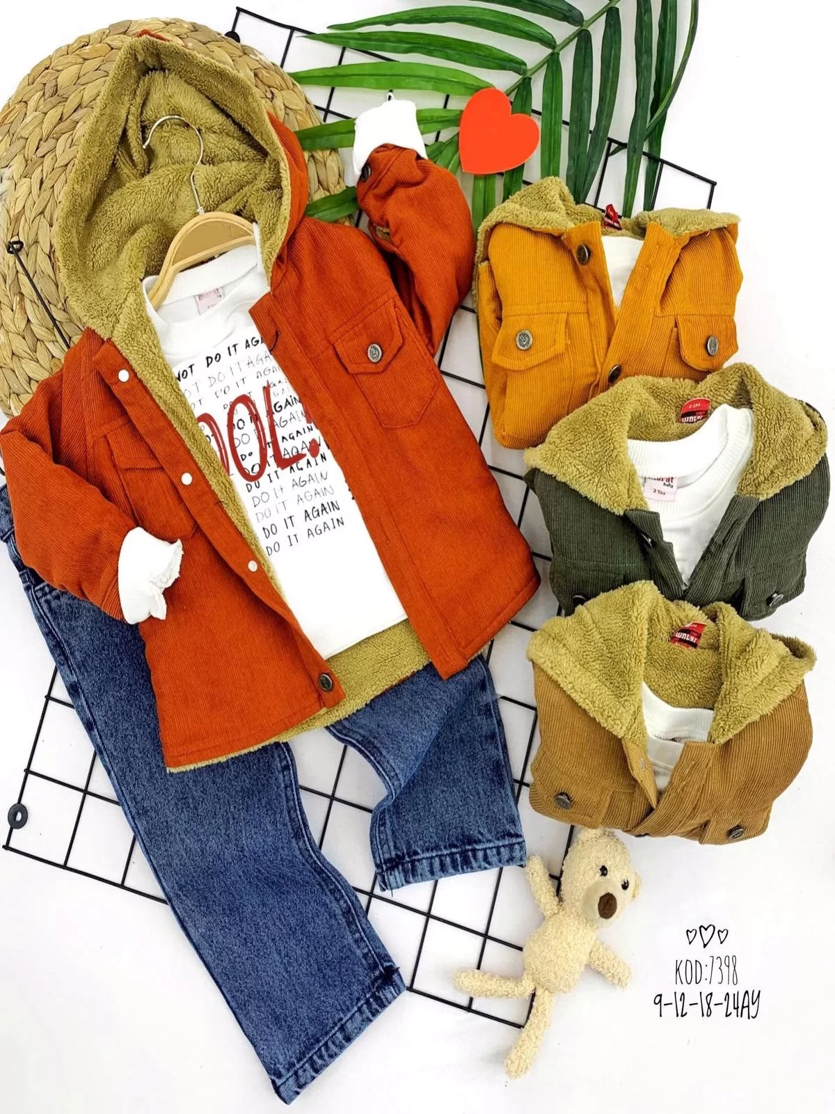 9-12-18-24 Ay İçi Kuzulu Kapşonlu İnce Fitil Kadife Ceketli Kot Pantolonlu 3lü Erkek Bebek Takımı