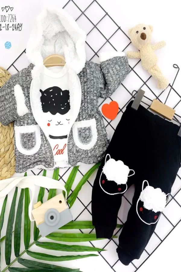 9-12-18-24 Ay İçi Kuzulu Kapşonlu Örme Tericotton Ceketli 3lü Erkek Bebek Takımı