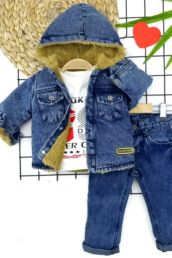 9-12-18-24 Ay İçi Tüylü Kapşonlu Cepli Kot Ceket Pantolon Sweatli 3lü Erkek Bebek Takımı