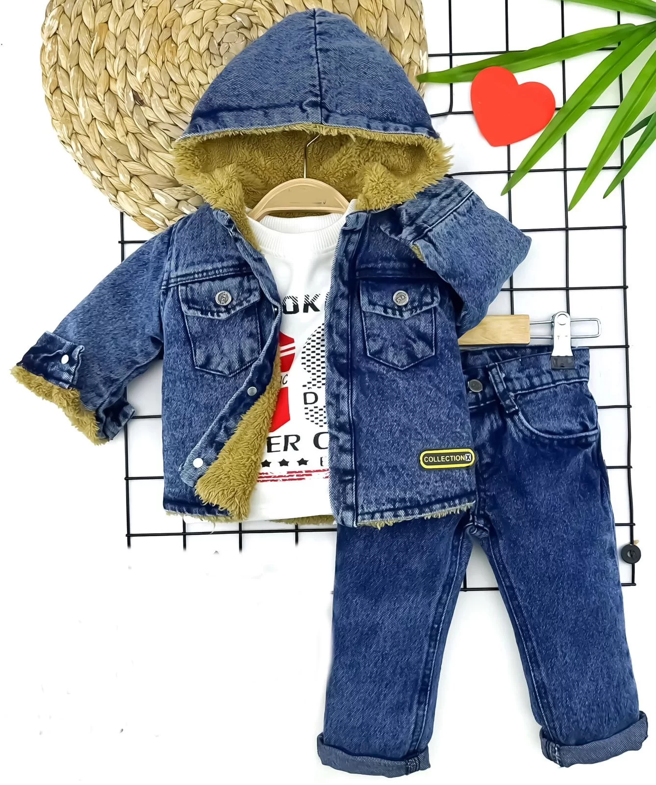 9-12-18-24 Ay İçi Tüylü Kapşonlu Cepli Kot Ceket Pantolon Sweatli 3lü Erkek Bebek Takımı