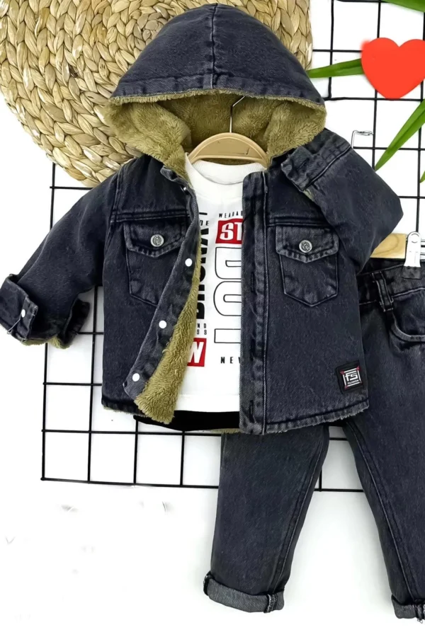 9-12-18-24 Ay İçi Tüylü Kapşonlu Kot Ceket Pantolon Sweatli 3lü Erkek Bebek Takımı