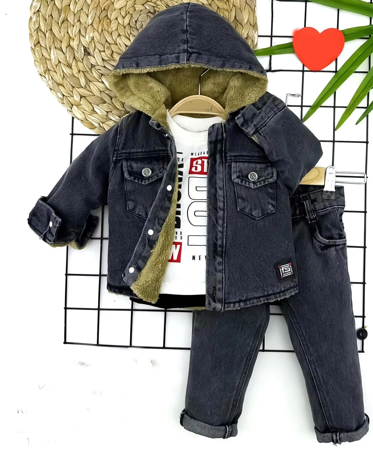 9-12-18-24 Ay İçi Tüylü Kapşonlu Kot Ceket Pantolon Sweatli 3lü Erkek Bebek Takımı