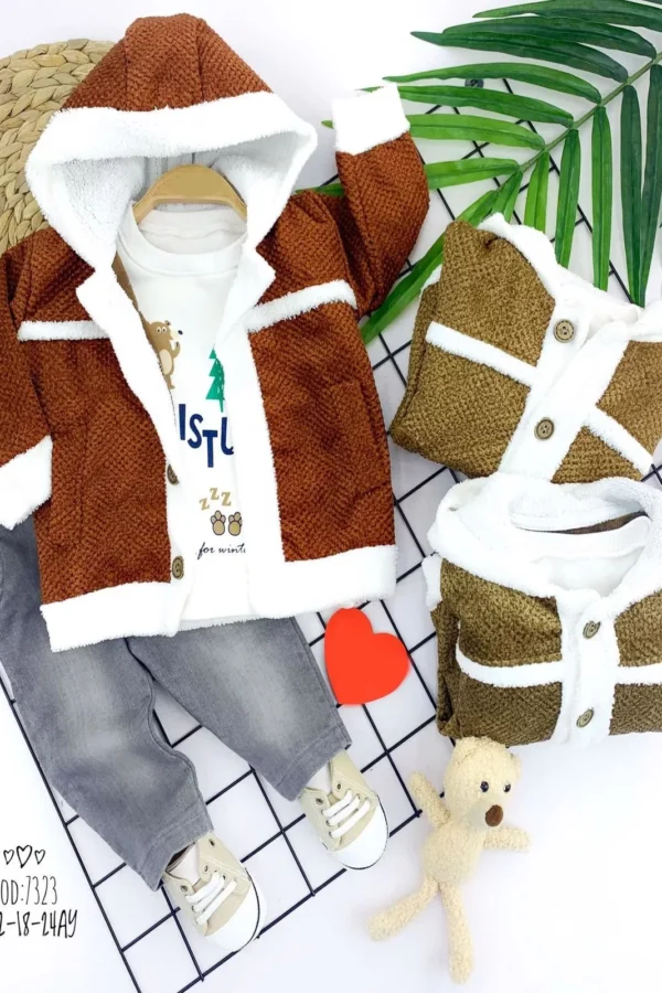 9-12-18-24 Ay İçi Welsoft Düğmeli Kapşonlu Triko Ceket Sweatli Kot Pantolon 3lü Erkek Bebek Takımı