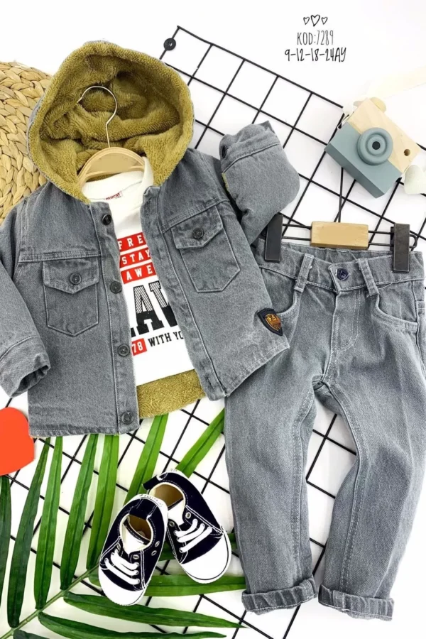 9-12-18-24 Ay İçi Welsoft Kapşonlu Düğme Kapamalı Ceket Sweatli Kot Kumaş 3lü Erkek Bebek Takımı