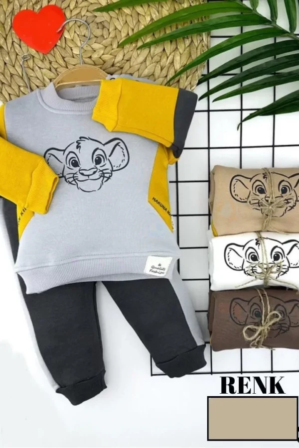 9-12-18-24 Ay Kaplan Baskılı Uzun Kollu 2li Kız Erkek Çocuk Takımı