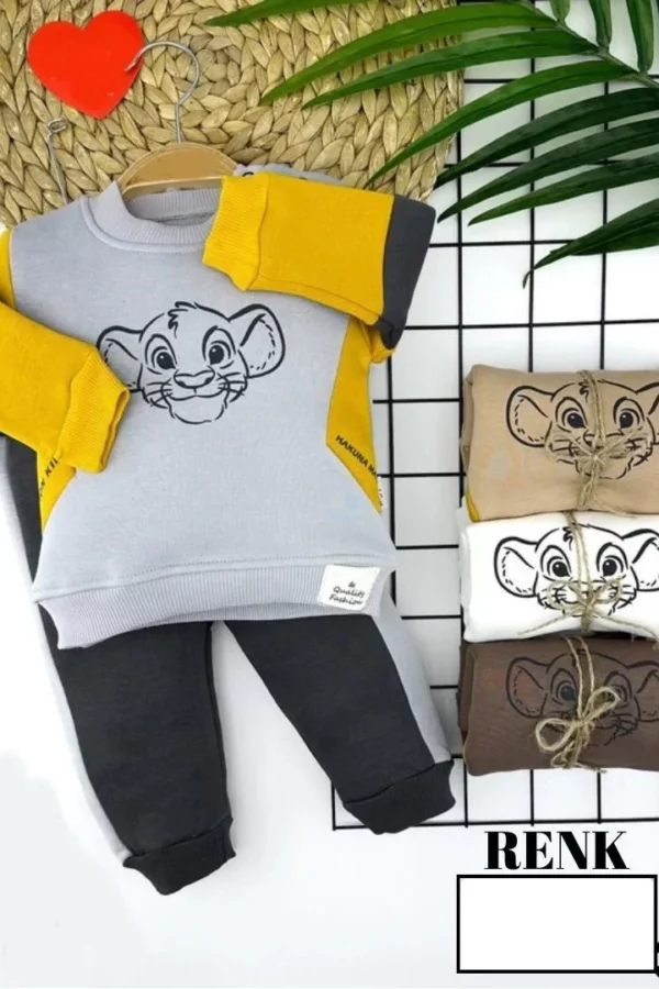 9-12-18-24 Ay Kaplan Baskılı Uzun Kollu 2li Kız Erkek Çocuk Takımı