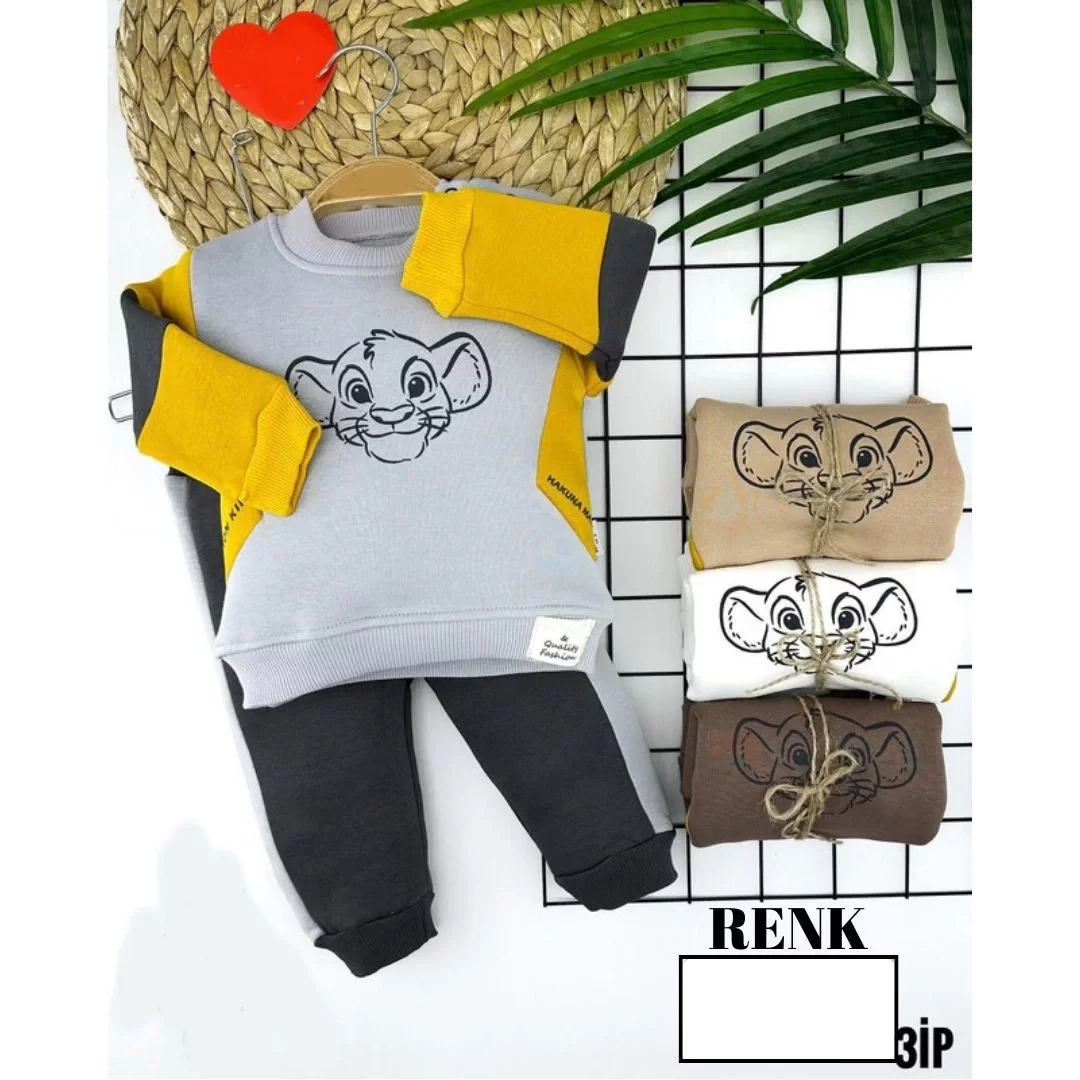 9-12-18-24 Ay Kaplan Baskılı Uzun Kollu 2li Kız Erkek Çocuk Takımı