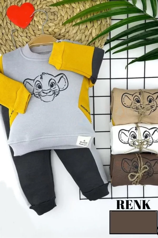 9-12-18-24 Ay Kaplan Baskılı Uzun Kollu 2li Kız Erkek Çocuk Takımı